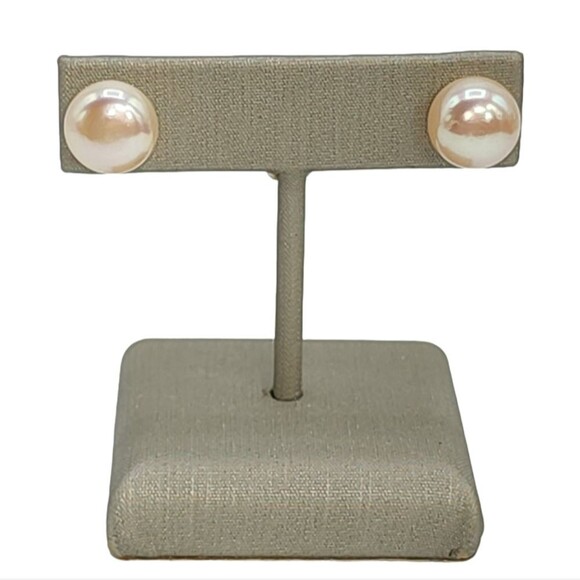 925 Sterling Silver 10mm Button Peach Cultured Freshwater Pearl‎ Stud Earrings - Picture 9 of 10